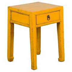Vintage Distressed Yellow Lacquer with Single Drawer and Horse Hoof Feet
