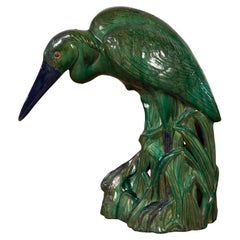 Lifesize Vintage Green and Blue Glazed Ceramic Heron Bird Sculpture