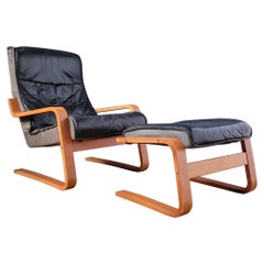 Danish OY BJ Dahlqvist Black Leather Bentwood Lounge Chair and Ottoman