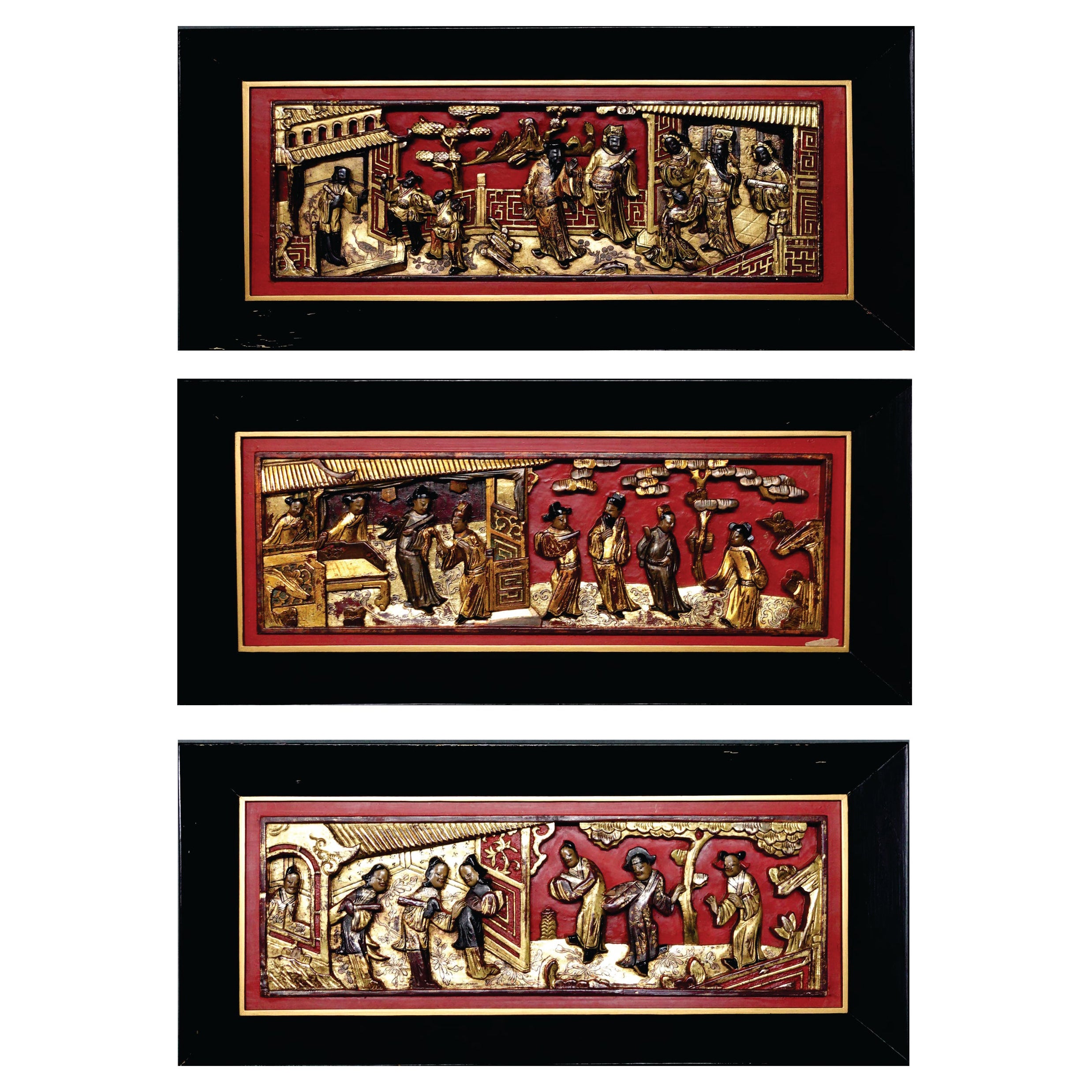 Antike 3 architektonische Tafeln mit chinesischen geschnitzten, vergoldeten Statuen