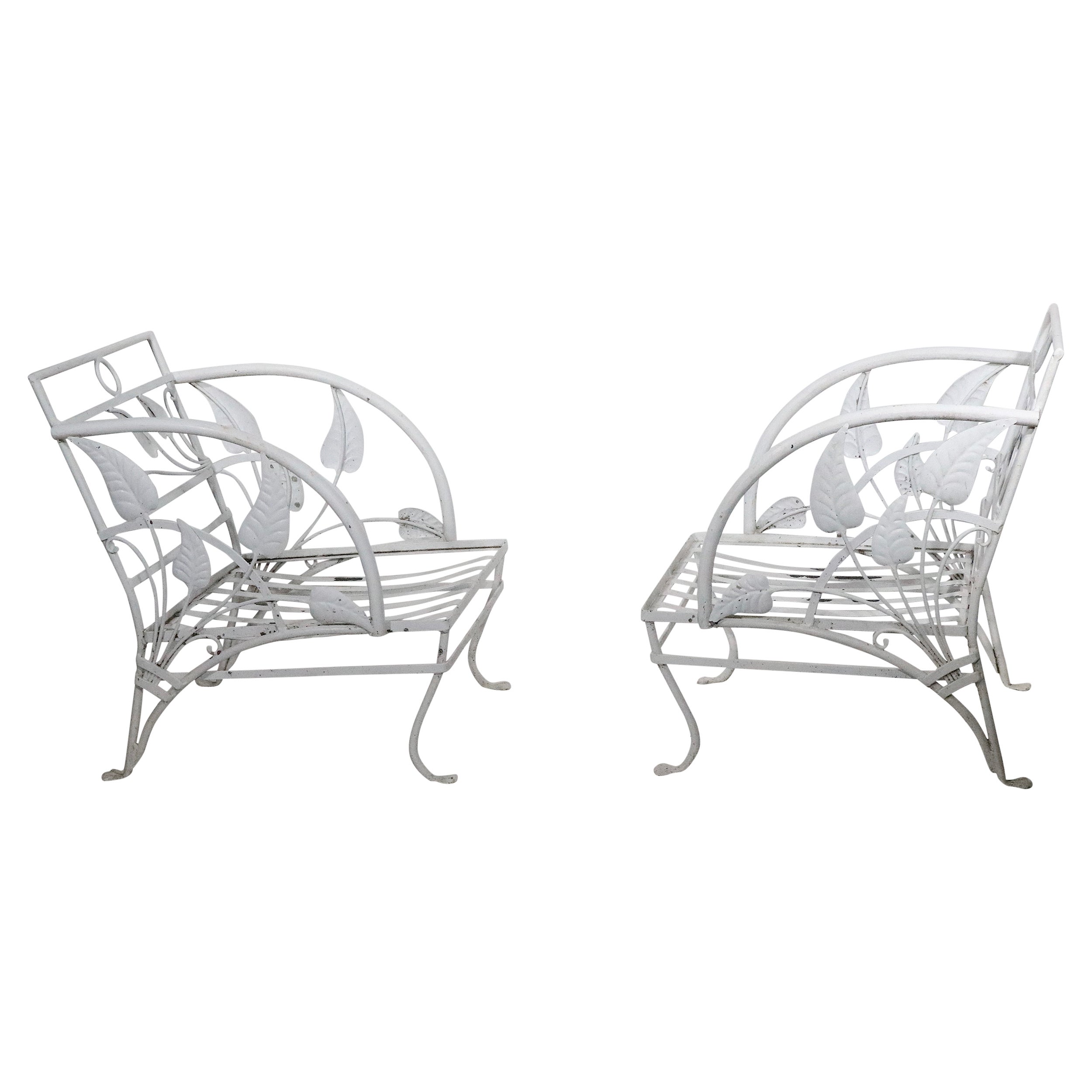 Pair. Art Deco Salterini Banana Leaf Pattern Garden Patio Poolside Lounge Chairs