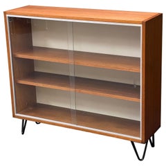 Elegant Danish Modern Bookcase / Cabinet with Glass Doors and Hairpin Legs