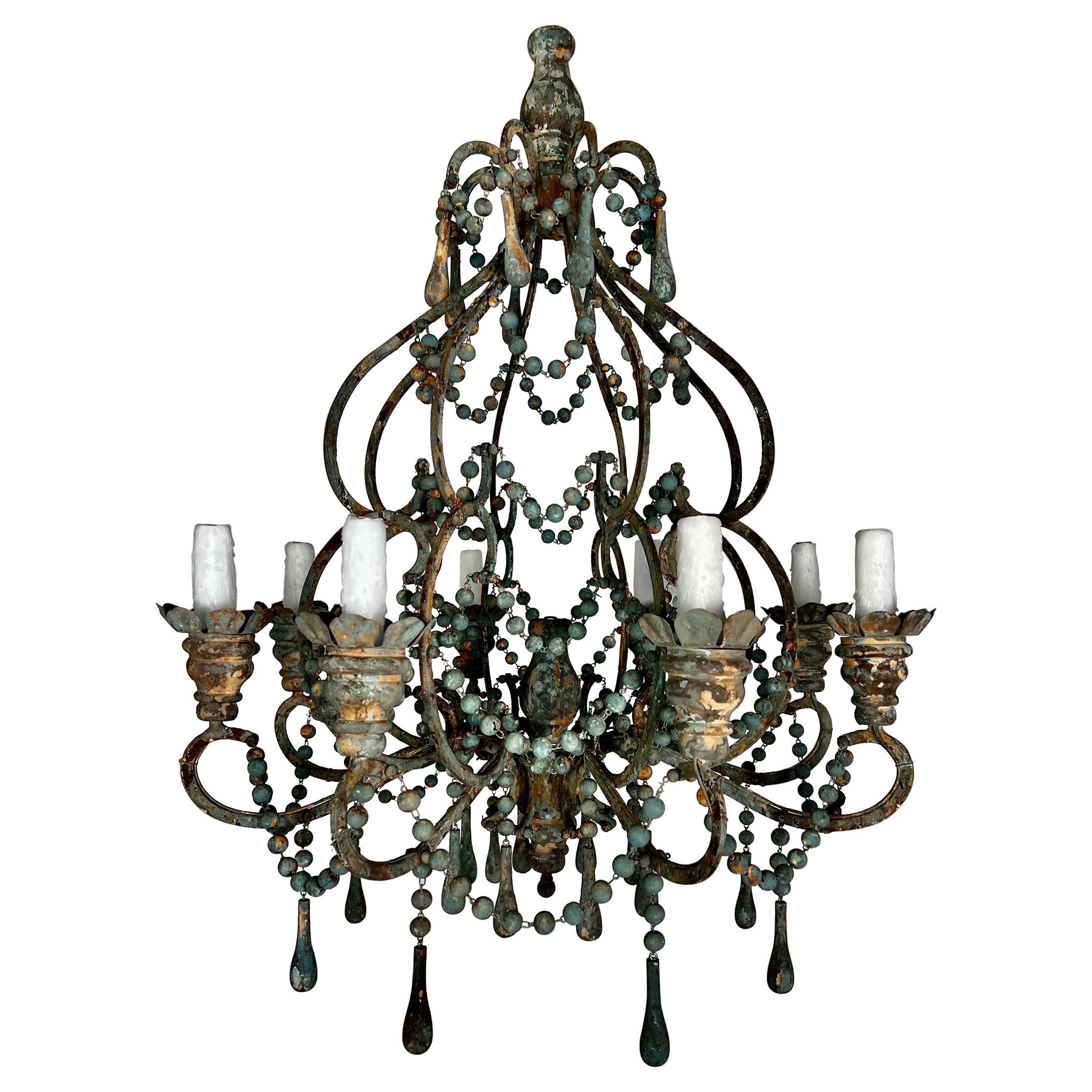 Italian Style Wood and Iron Chandelier with Wood Drops