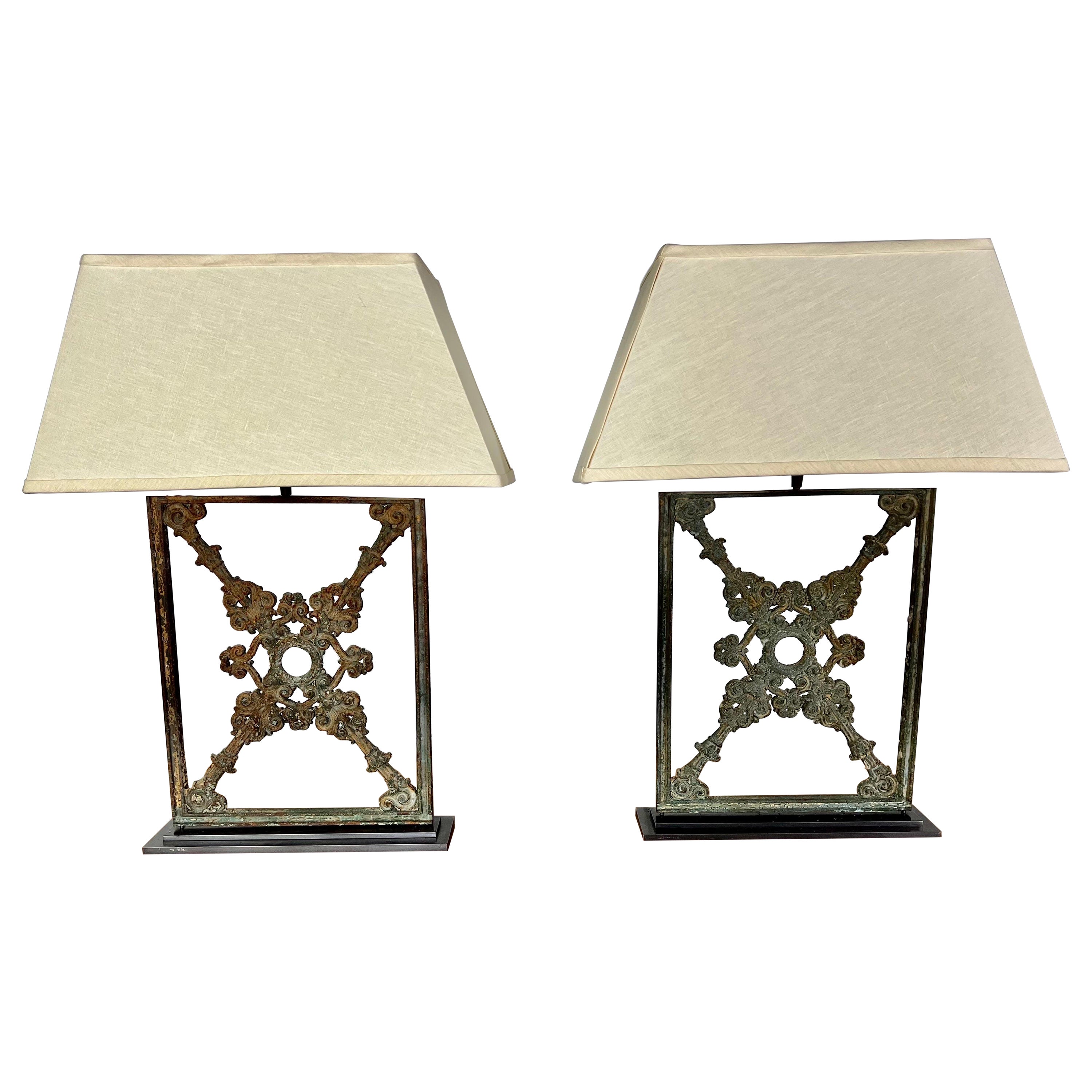 Pair of Wrought Iron Lamps with Linen Shades