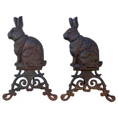 Early 20th Century Victorian Style Cast Iron Rabbit Form Andirons, Pair