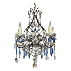 Four Light Italian Blue & Clear Crystal Chandelier, circa 1930