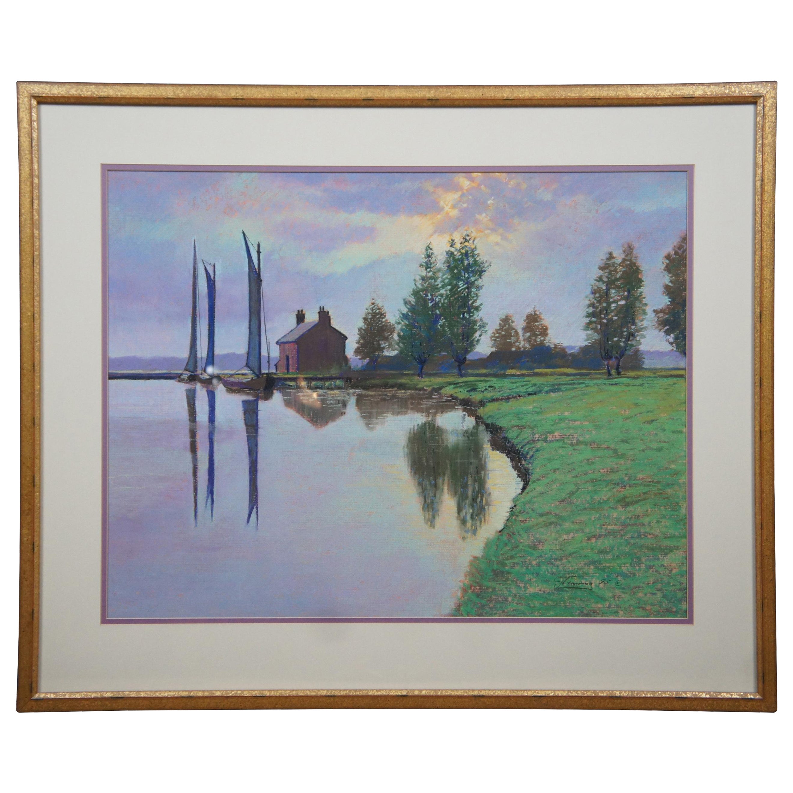 1995 Vintage Watercolor Realist Landscape Painting Sailboats Farm by Fleming For Sale