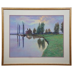 1995 Aquarelle Vintage Peinture de Paysage Réaliste Bateaux à Voile Ferme par Fleming 32"