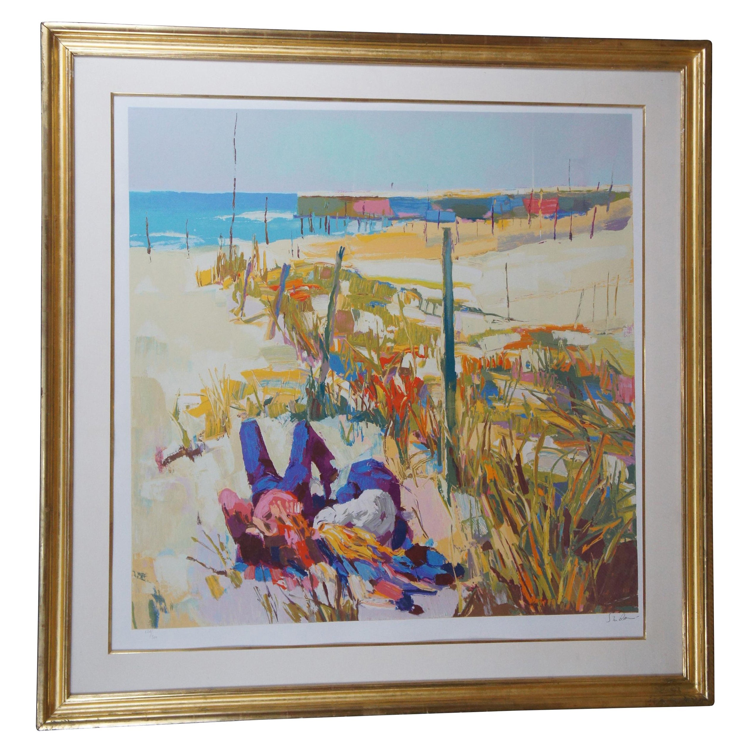 Impressionistische Vintage Nicola Simbari- Serigraphie-Druck von Strand- und Picnic-Landschaft, Vintage im Angebot