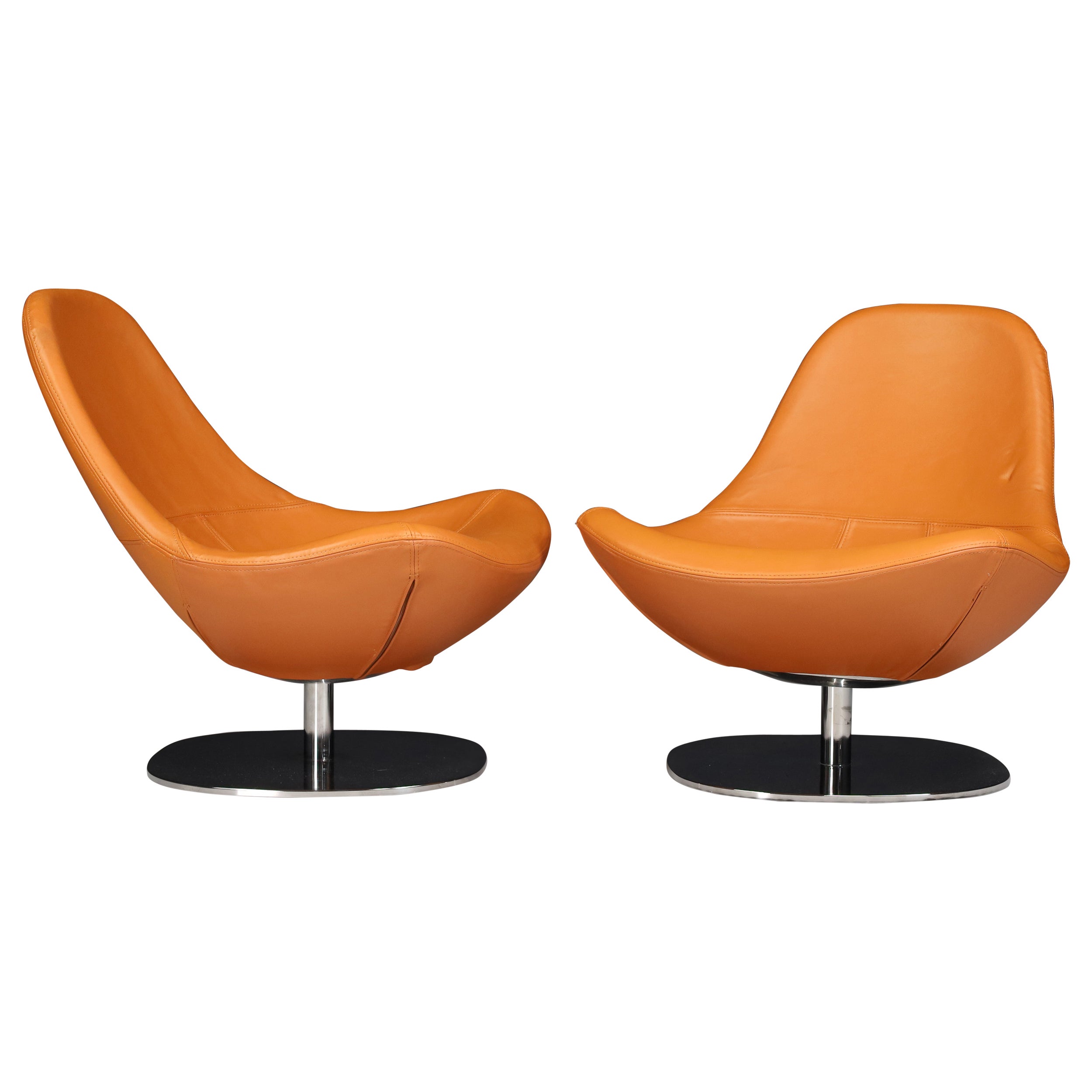 Modern Cognac Leather Swivel Lounge Chairs, Italy, 1970s 