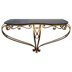 Italian Midcentury Blue Glass Gold Iron Console Table by Pier Luigi Colli