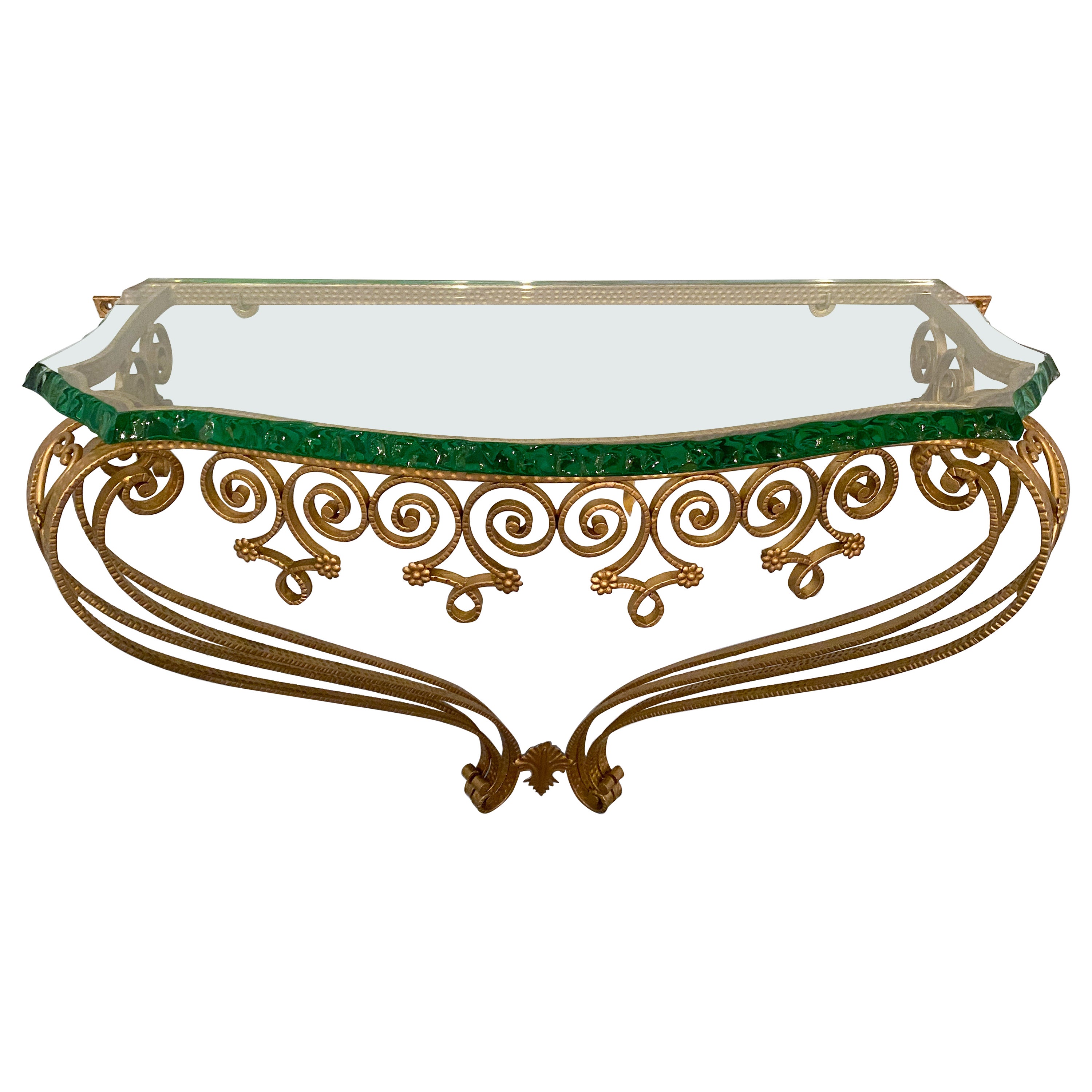 Table console italienne du milieu du siècle en cristal vert et fer doré de Pier Luigi Colli