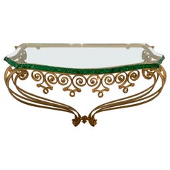 Italian Midcentury Green Crystal Gold Iron Console Table by Pier Luigi Colli