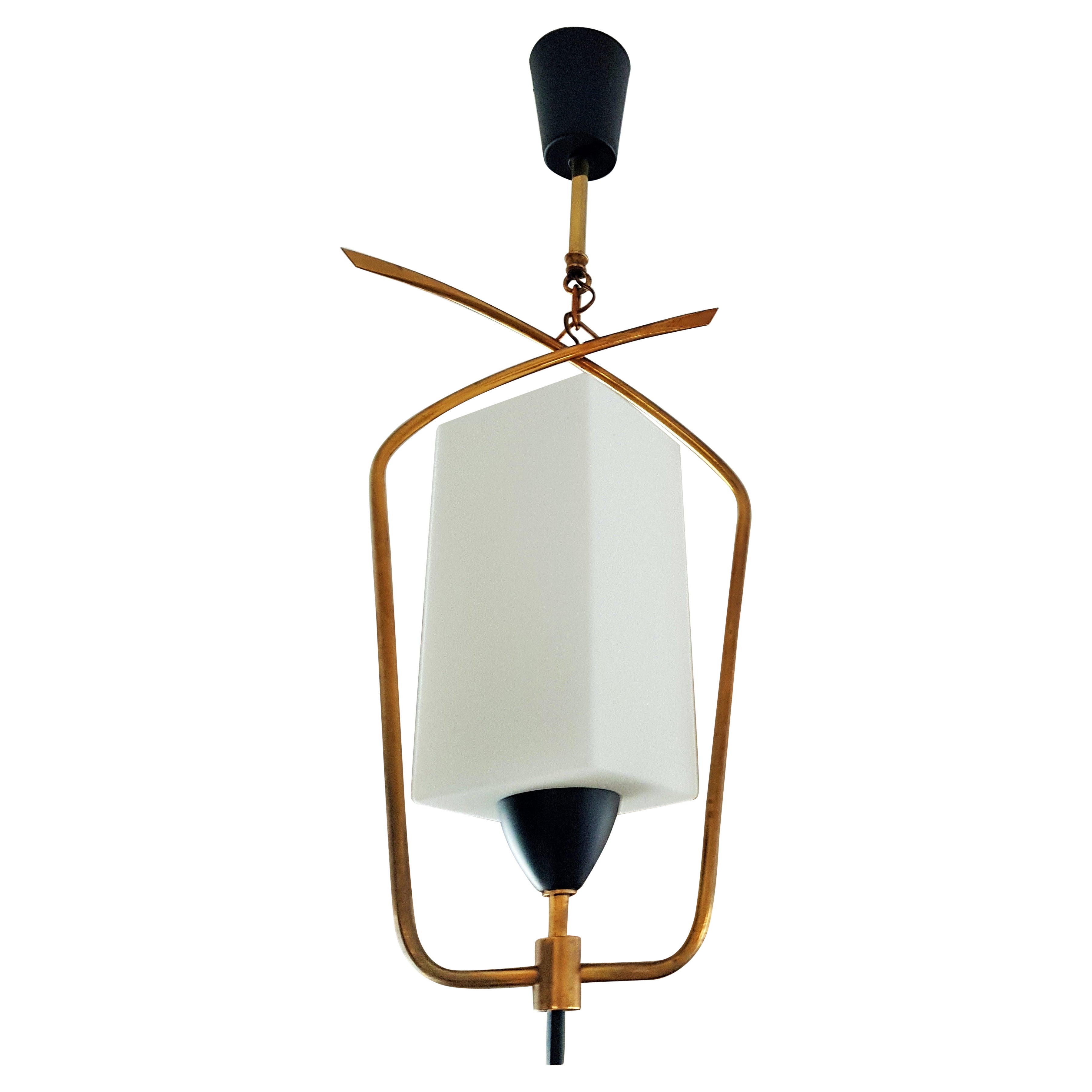 Midcentury Brass and Glass Pendant Lantern by Arlus Lunel, France, 1950