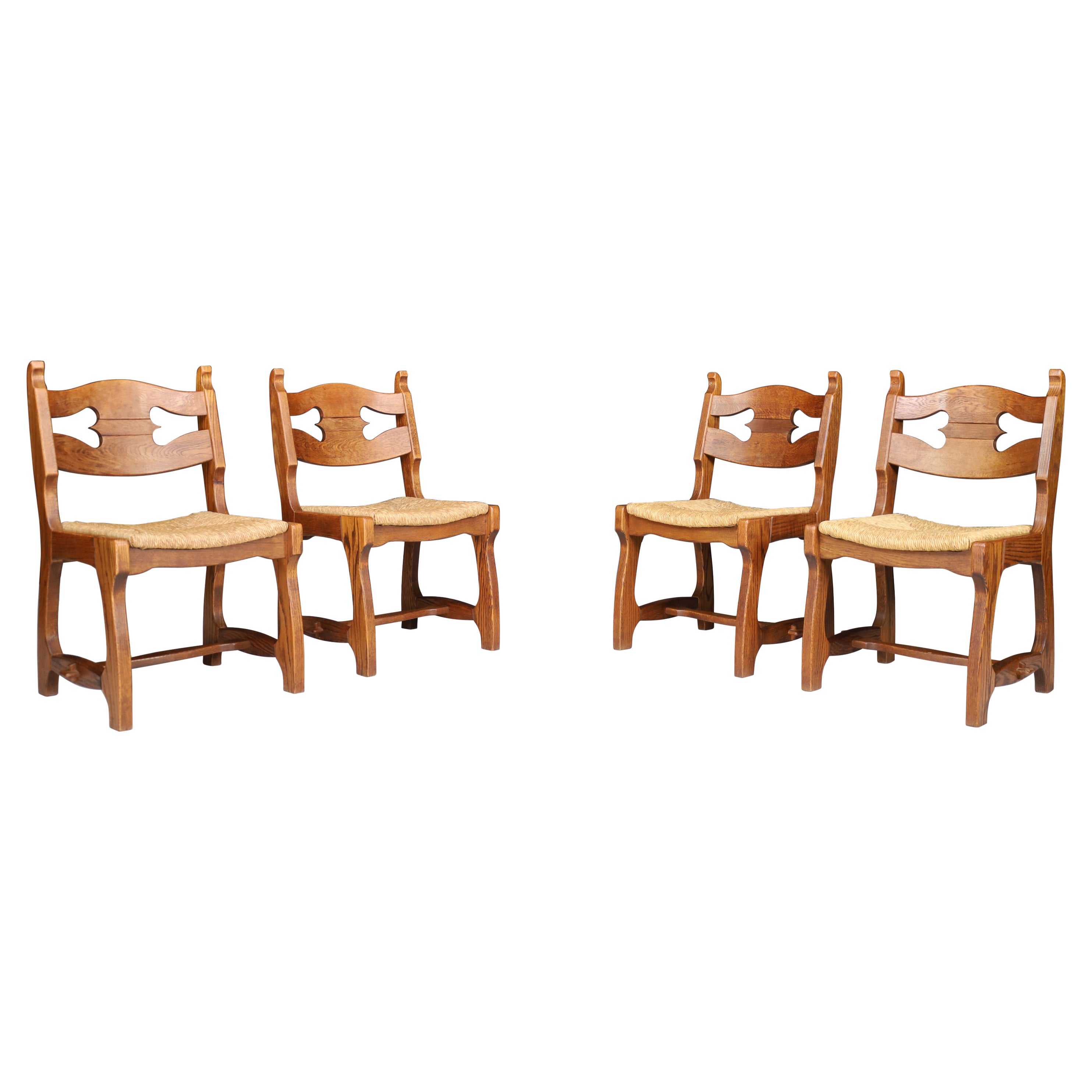 Sculptural Oak and Rush Dining Chairs, France, 1960s For Sale