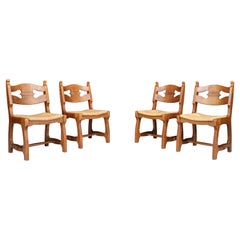Retro Sculptural Oak and Rush Dining Chairs, France, 1960s