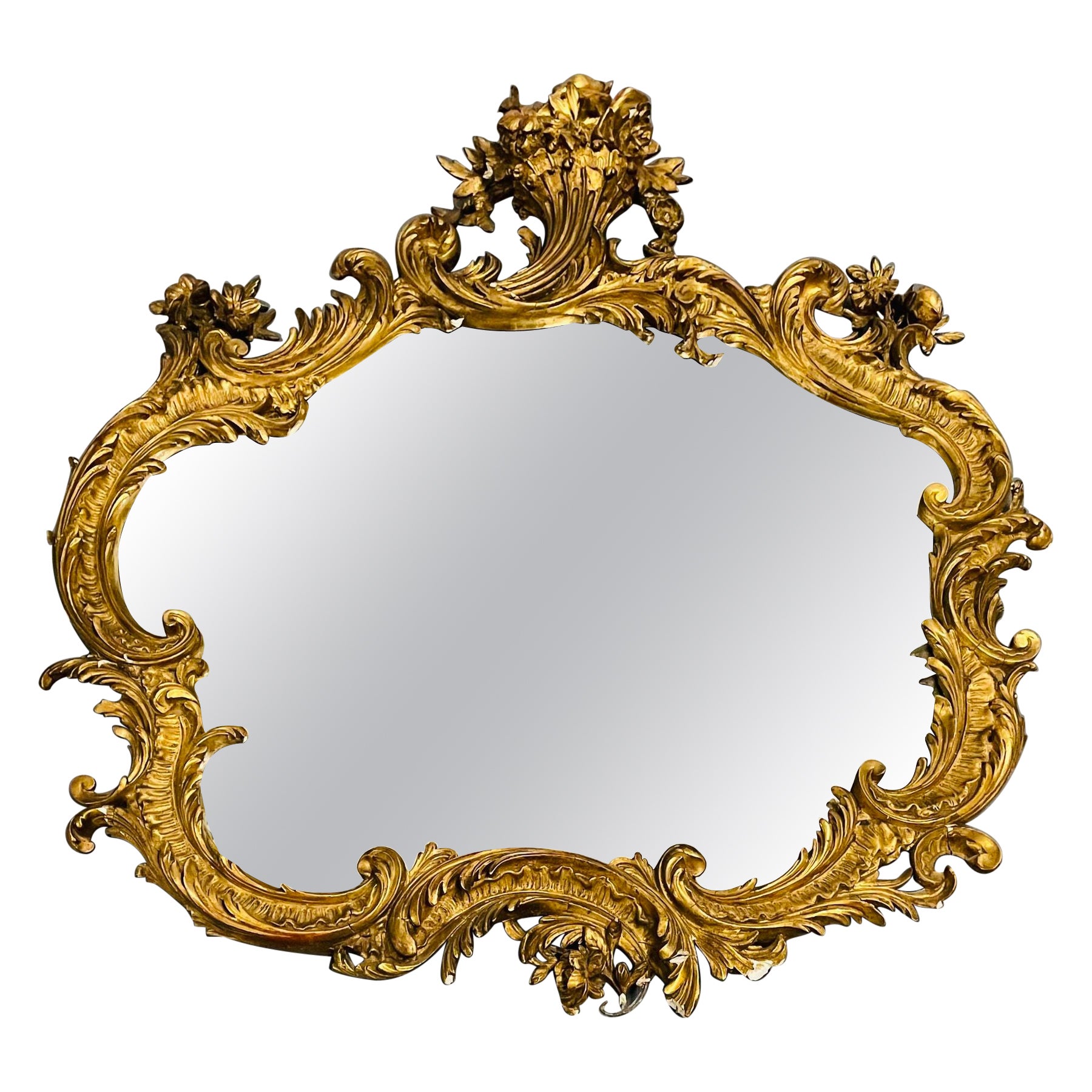 19th-20th Century Giltwood French Mirror, Wall or Console, Floral Decorated