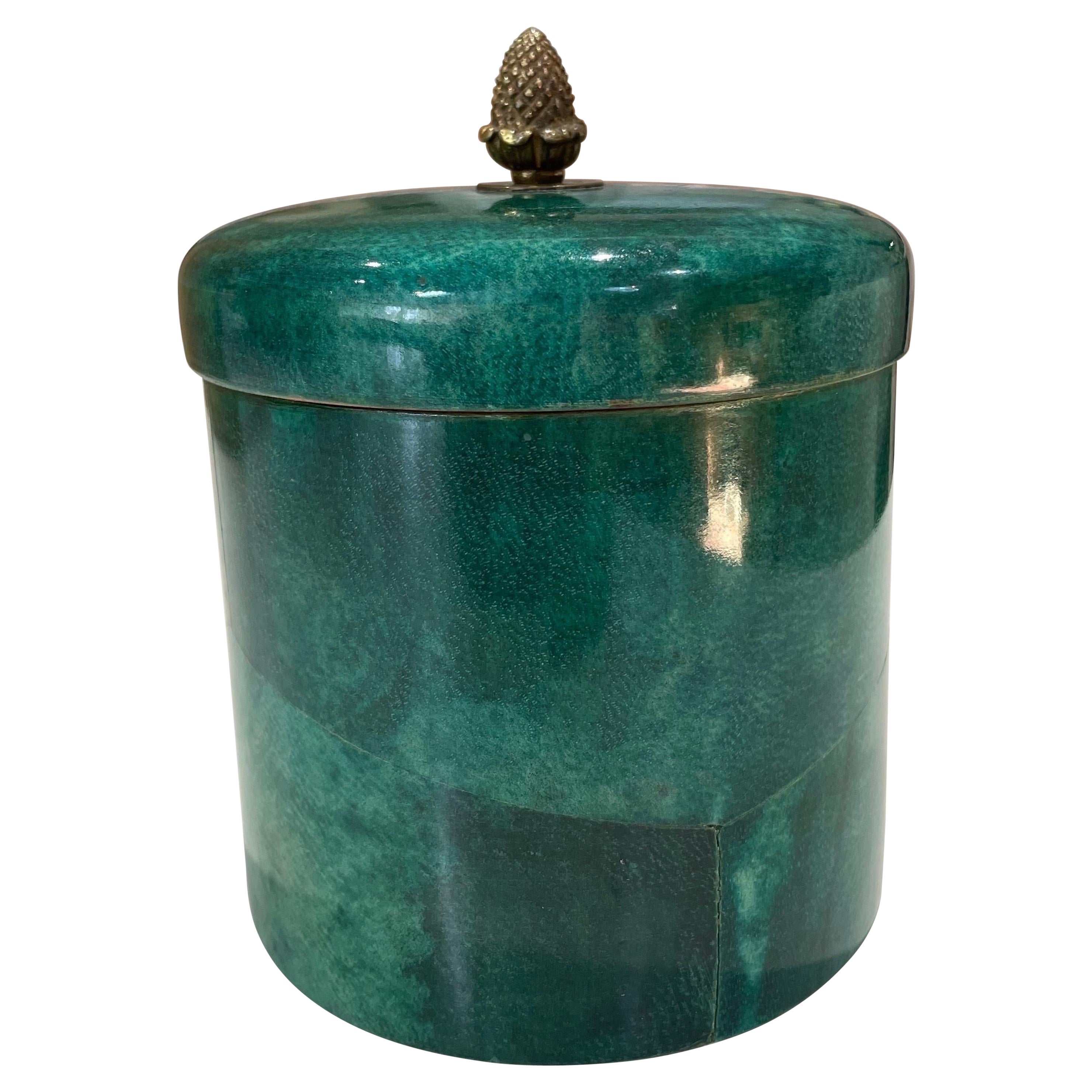 Emerald Green Goat Skin Covered Wooden Cylinder Box in the Style of Aldo Tura For Sale
