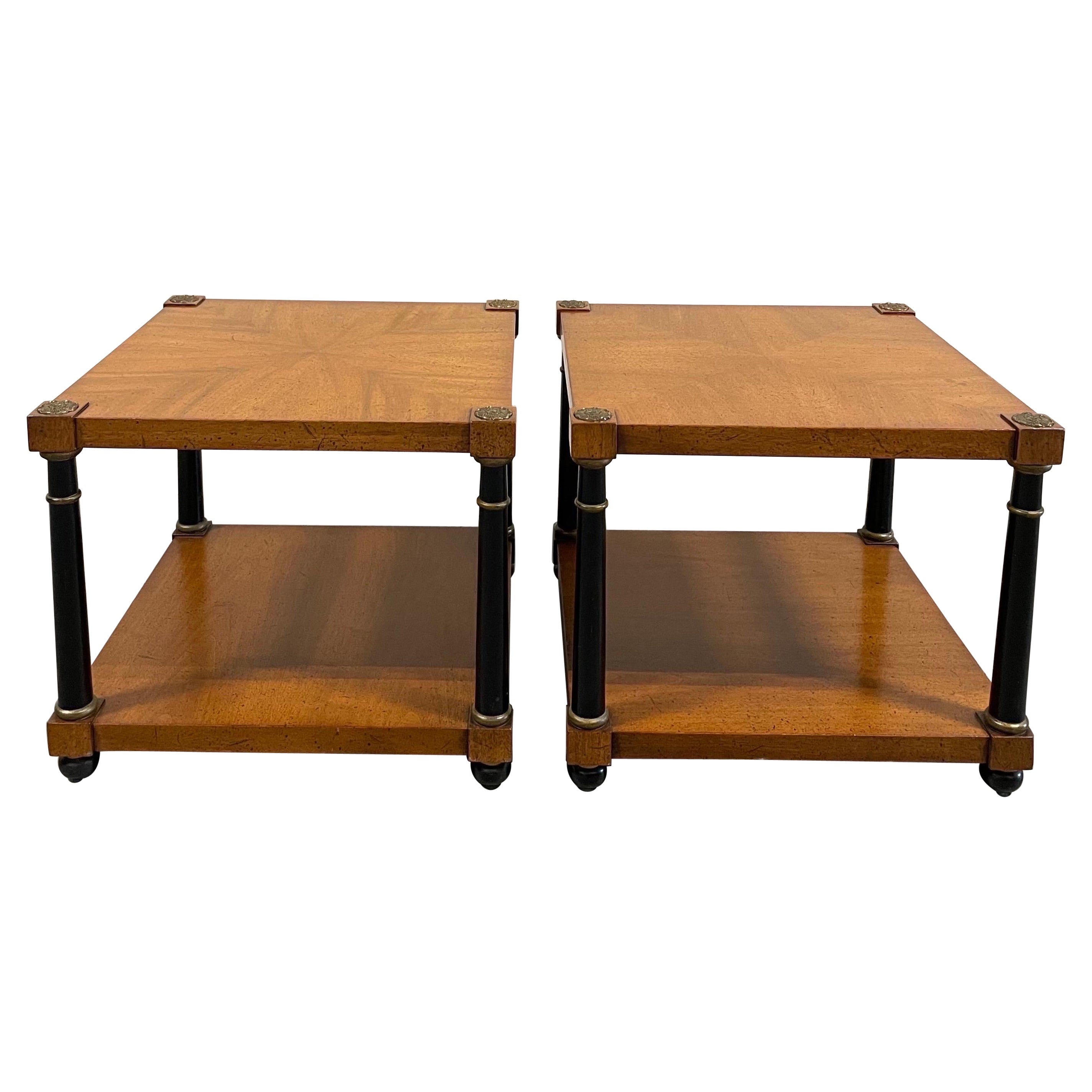 Pair Empire End Tables Walnut Black Columns Vintage Regency