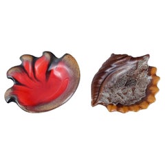 Vintage Vallauris, France, Two Shell-Shaped Bowls with Glaze in Shades of Brown and Red