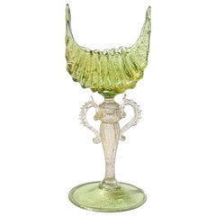 Antique Venetian Murano Green Gold Leaf Italian Art Glass Shell Goblet Holder