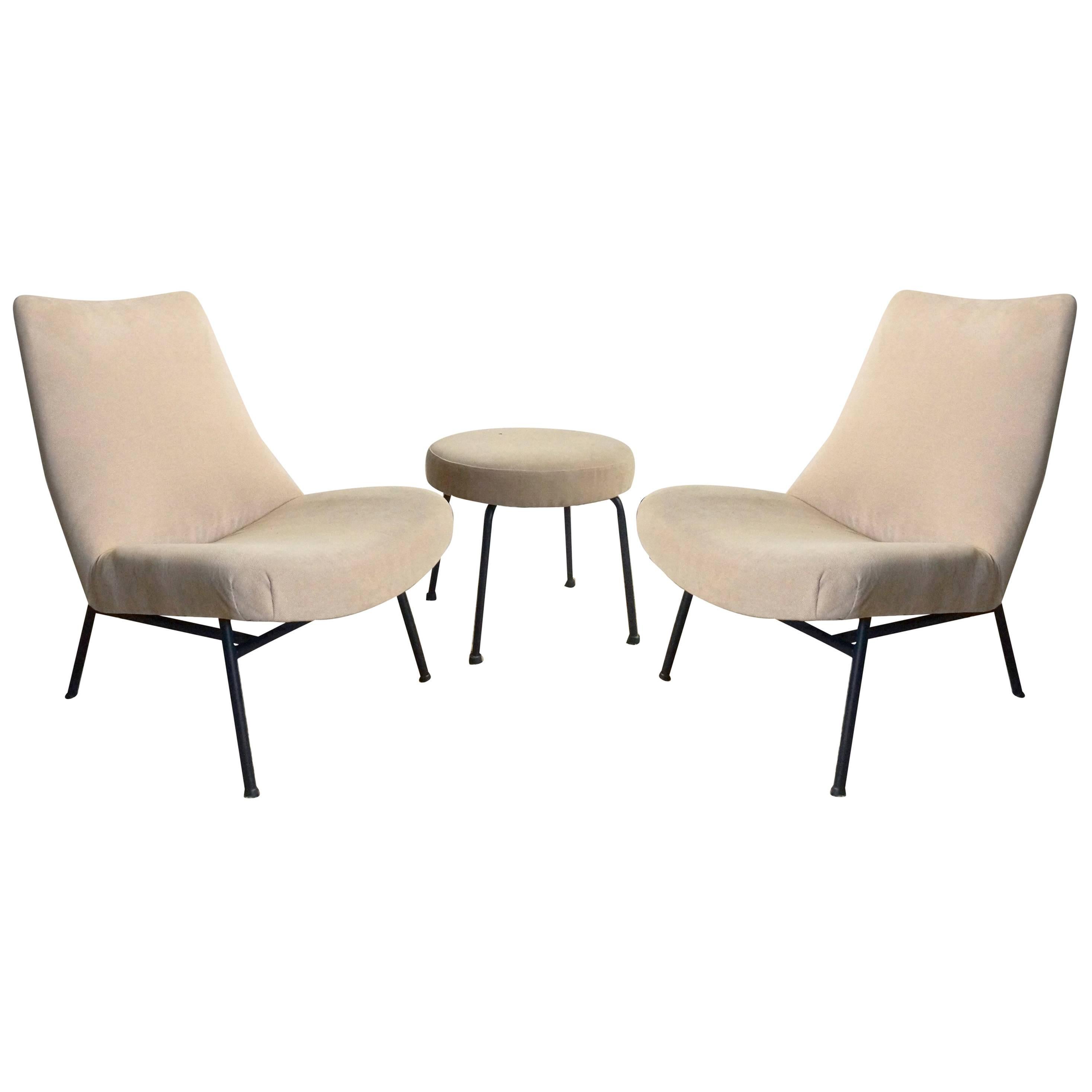 Pair of Pierre Guariche Armchairs with Matching Stool