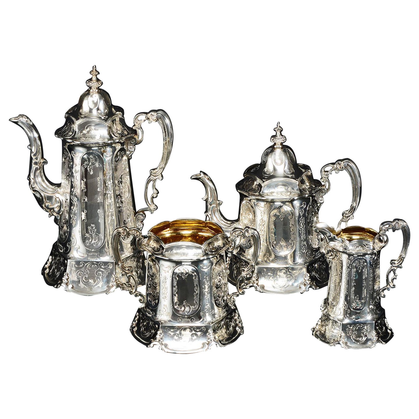 Service à thé et café victorien de quatre pièces en argent, 1855