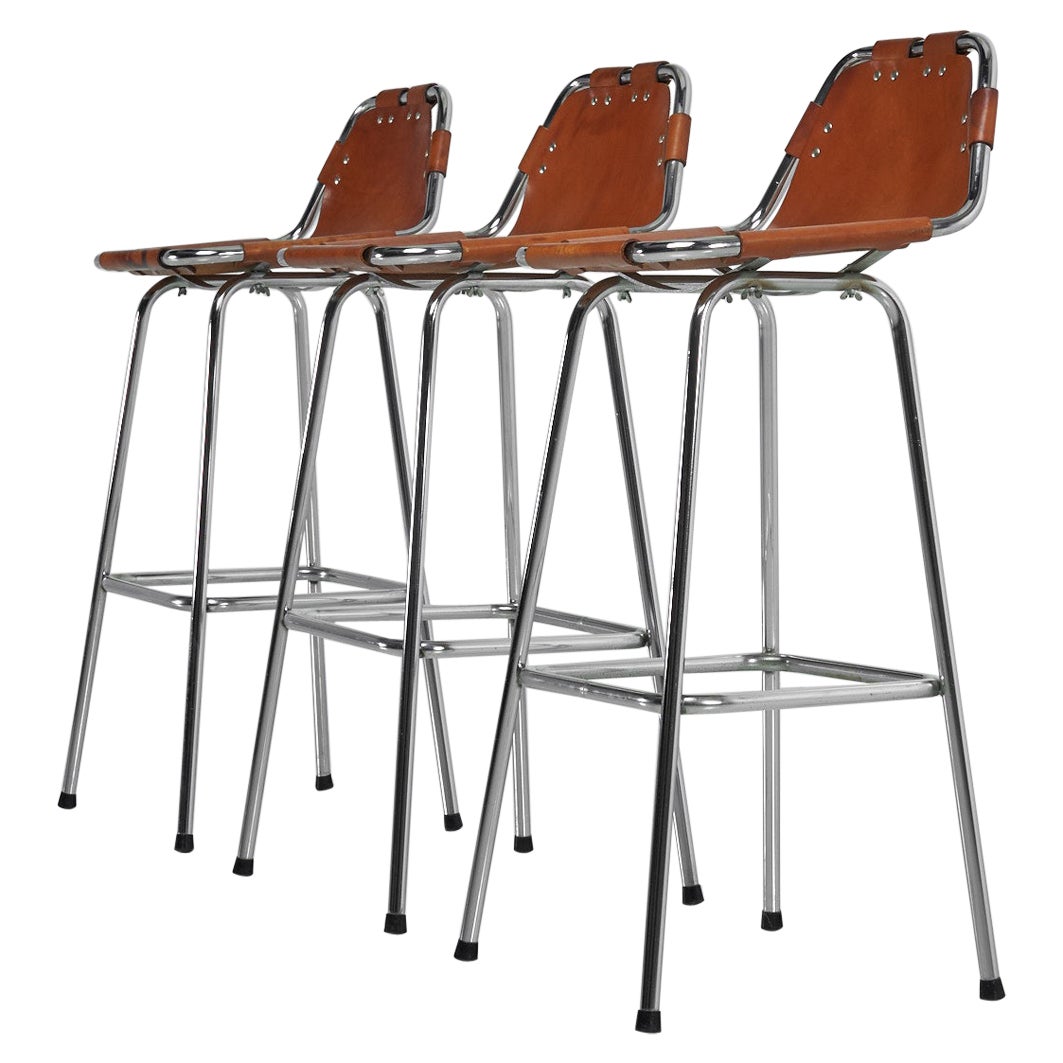 Bar Stools in Leather and Chrome Set of 3, France, 1960