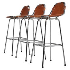 Vintage Bar Stools in Leather and Chrome Set of 3, France, 1960