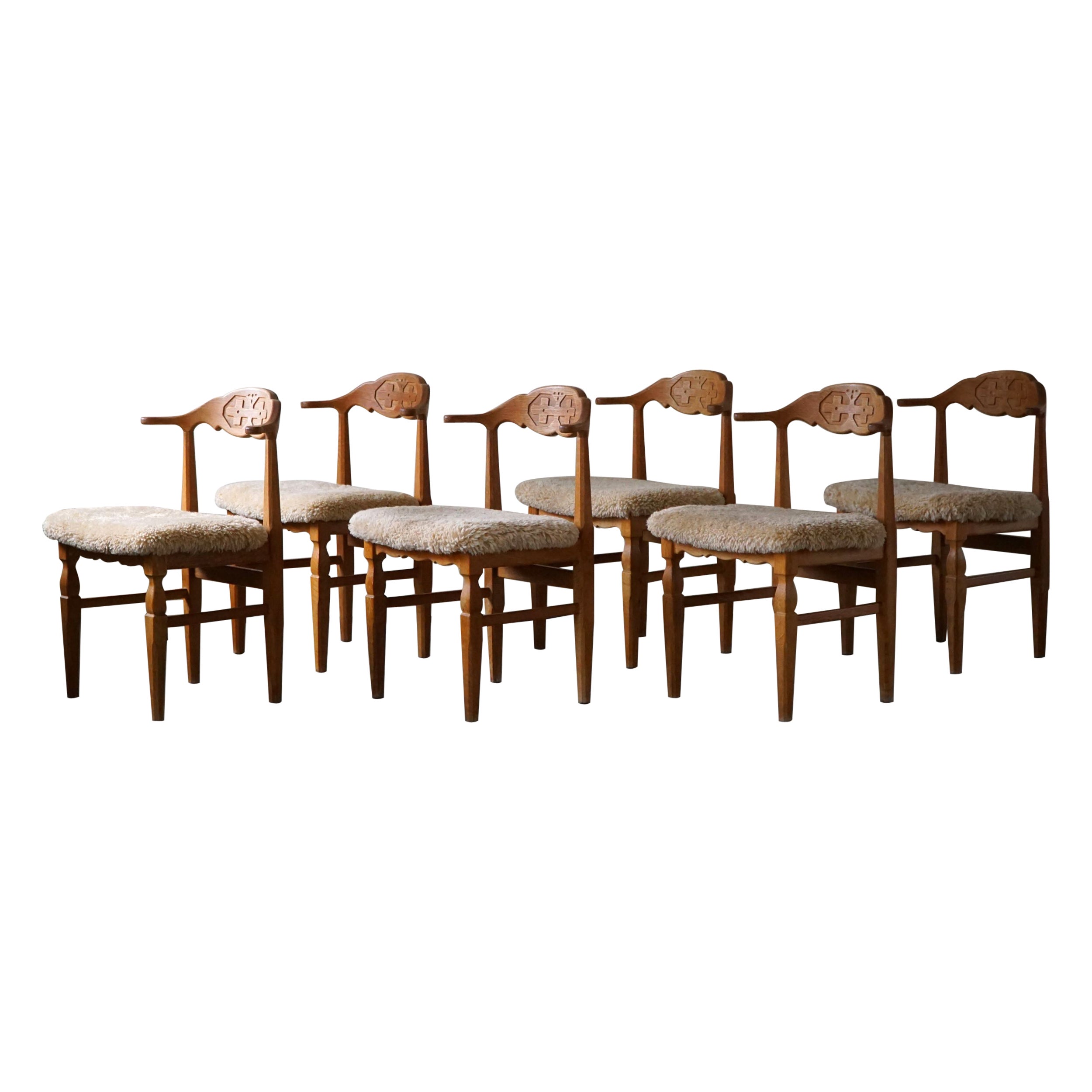 Henning Kjærnulf, Set of 6 Dining Chairs, Reupholstered in Lambswool, 1960s