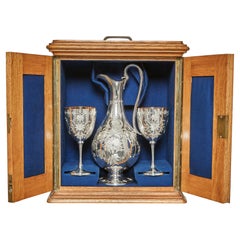 Excellent Silver Wine Jug & Matching Goblets in Oak Chest