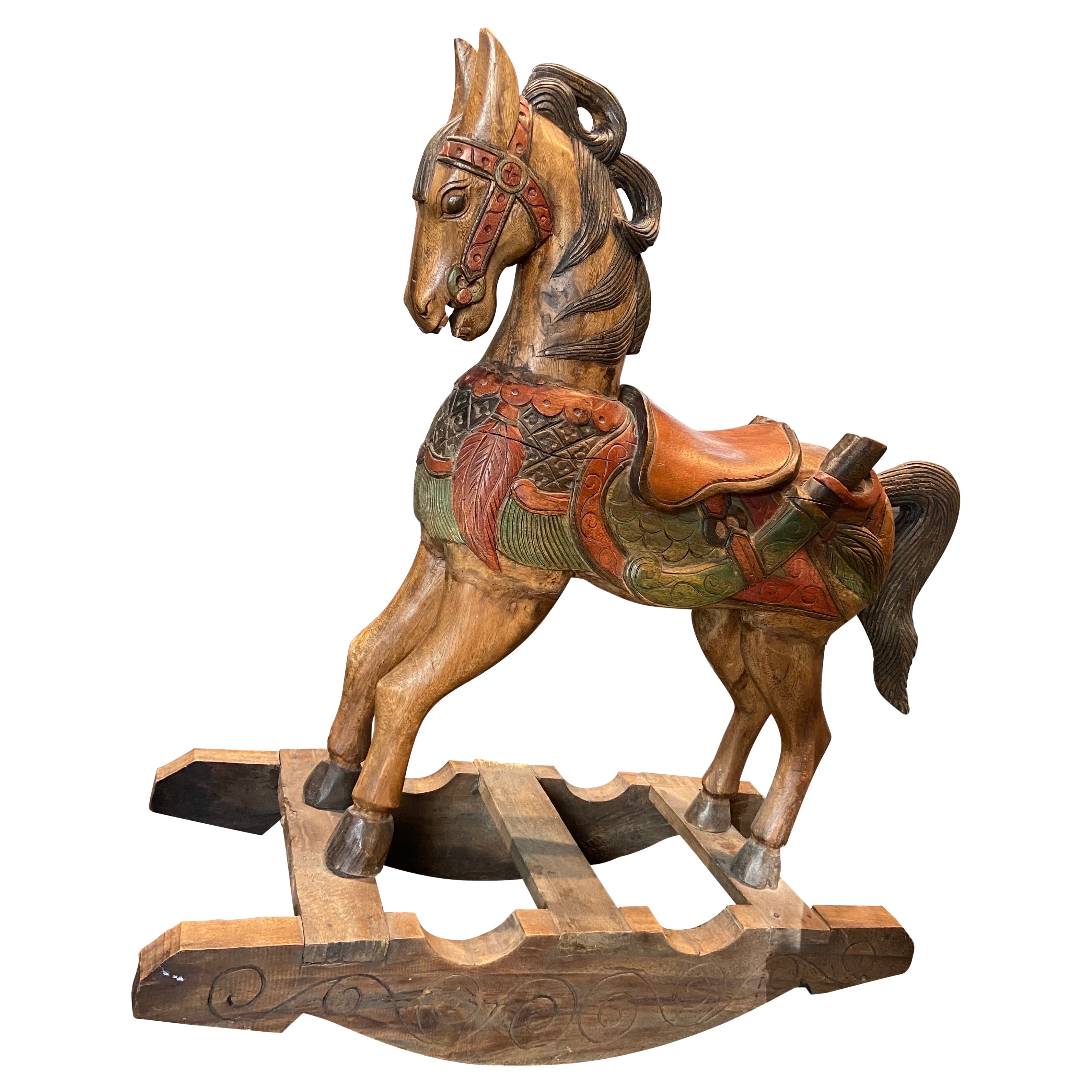 20th Century Belgium Wooden Hand Carved and Hand Painted Child's Rocking Horse For Sale