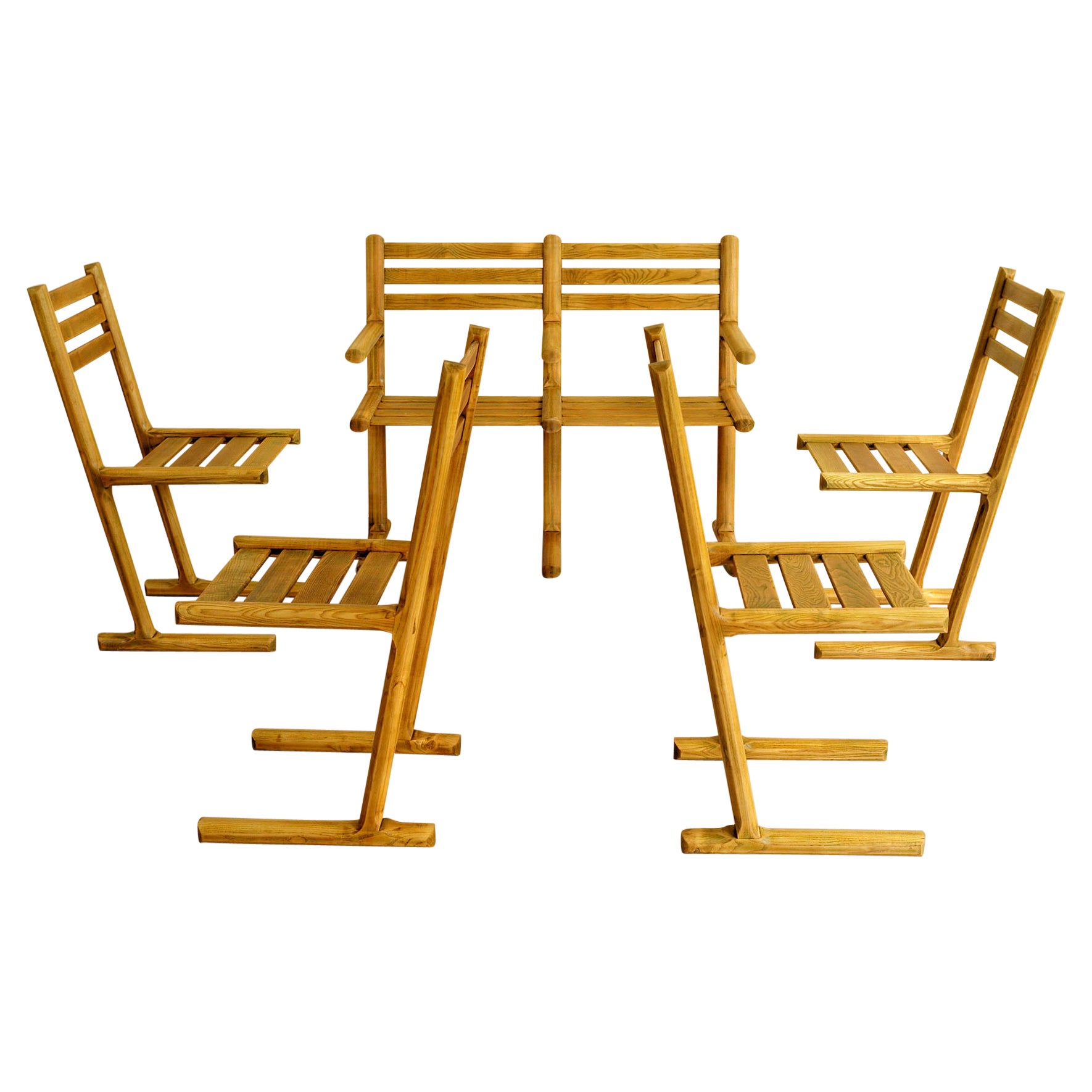 Set of 4 Chairs and 1 Wooden Bench, France, 1960 For Sale