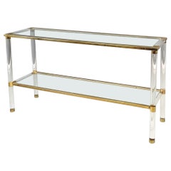 Italian Modern Console with 2 Shelfs in Plexiglass, Glass and Brass, 1970s