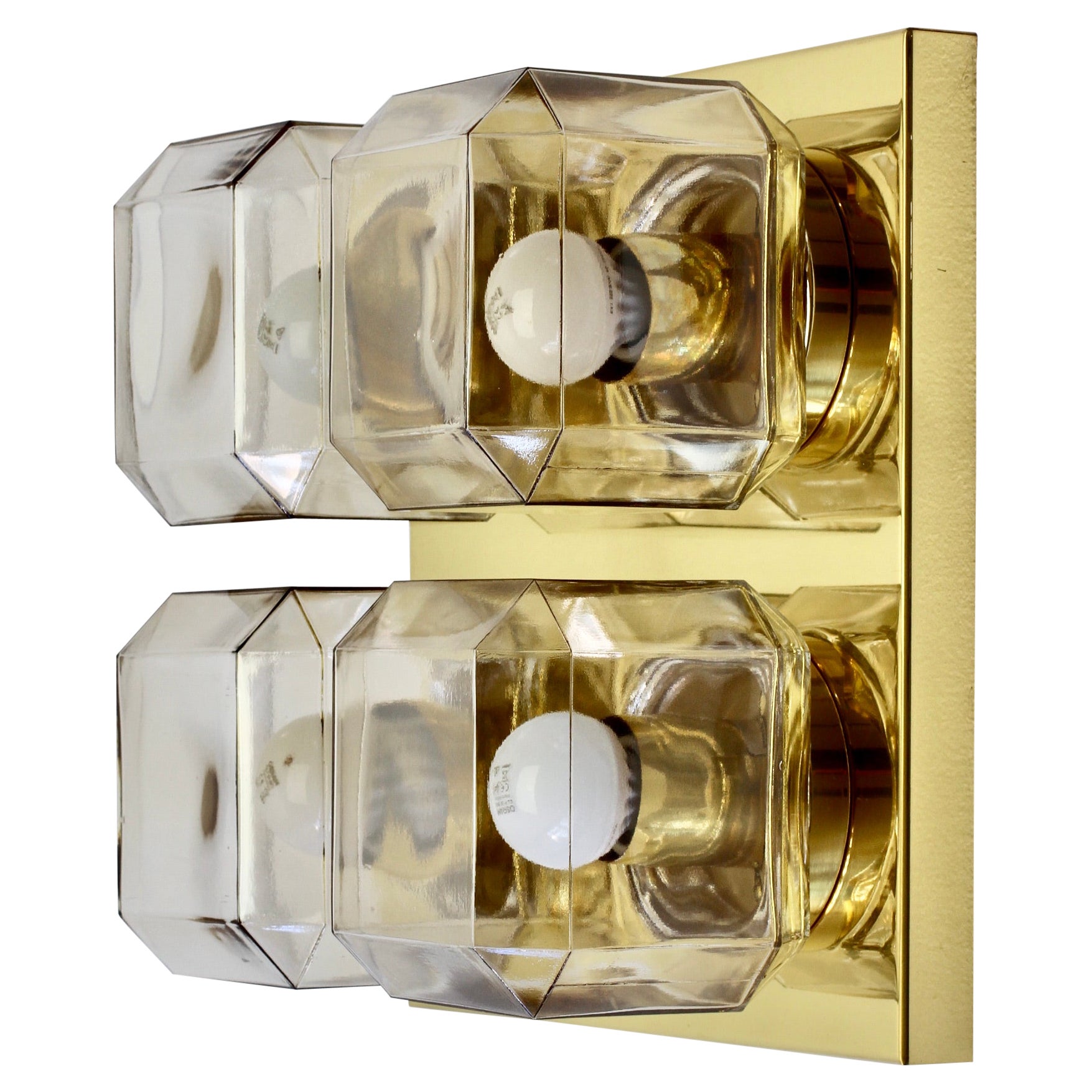 Limburg Pair Vintage Geometric Champagne Toned Glass & Brass Flush Mounts 1970 For Sale