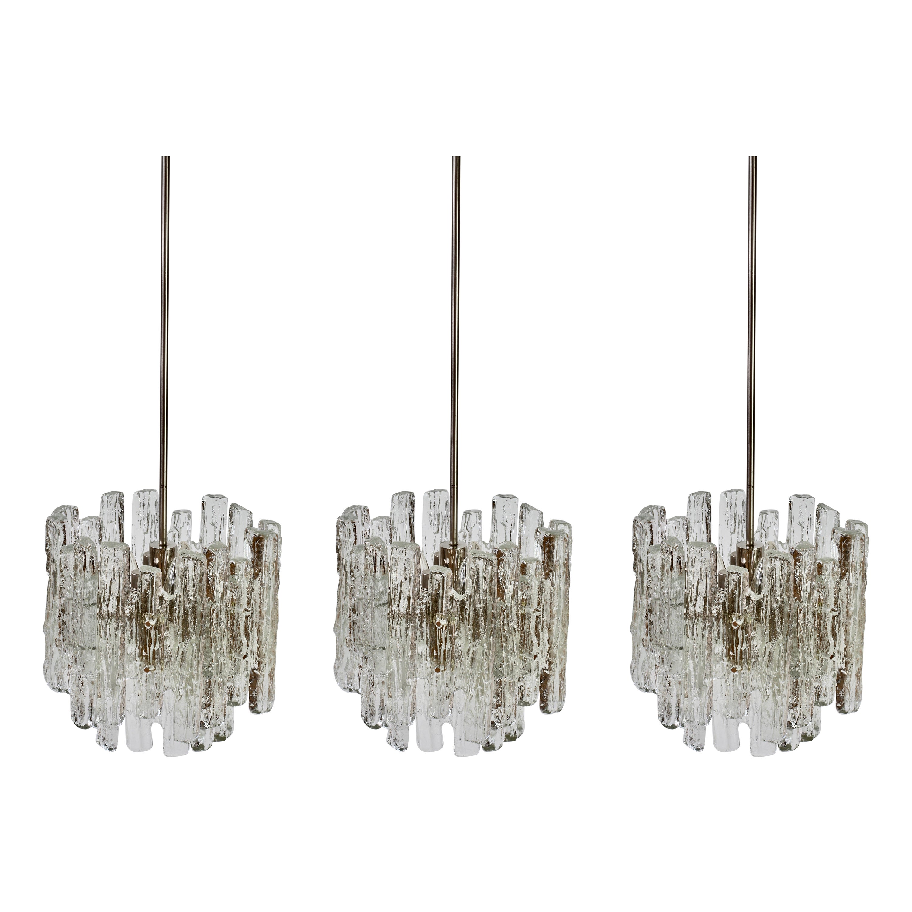 Set of Three Midcentury Kalmar Ice Crystal Glass Pendant Lights or Chandeliers
