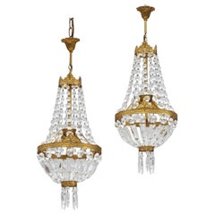 Pair of French Empire Revivel Basket Style Pendant Light Chandeliers, circa 1960