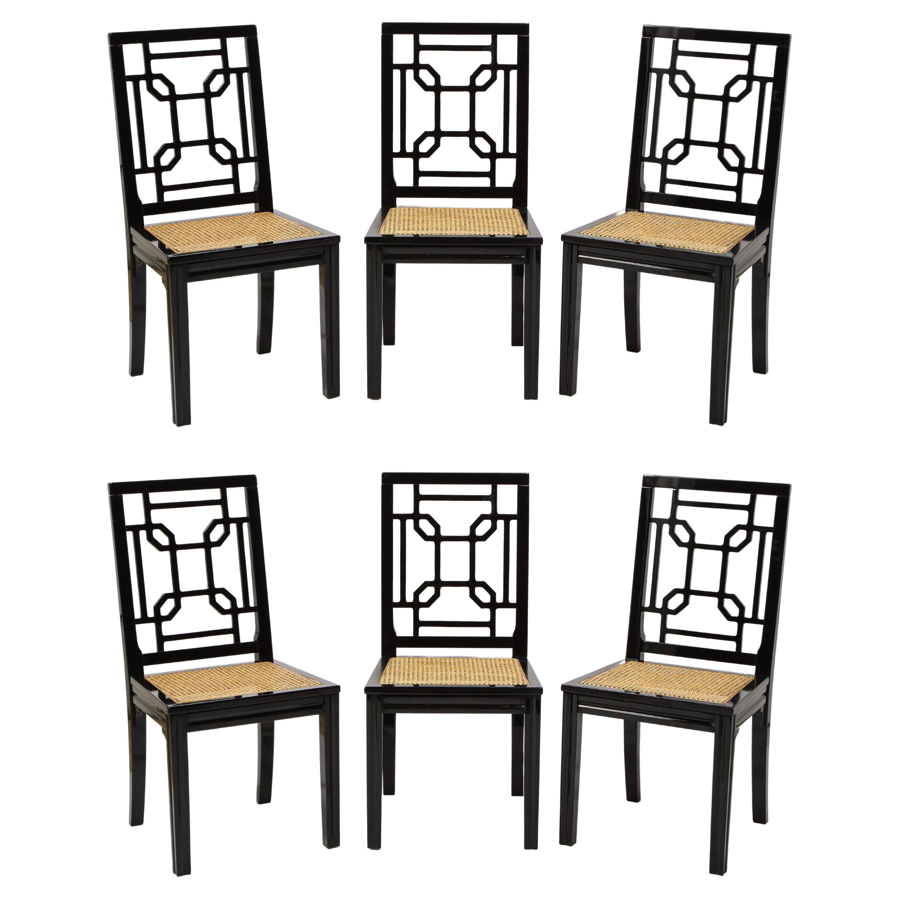 1970s Italian Chinoiserie Style Black Lacquer and Cane Dining Chairs, Set of 6