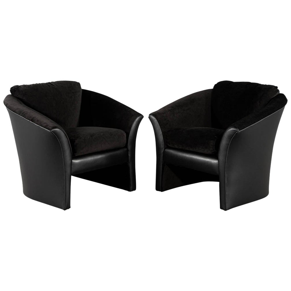 Pair of Black Leather Curved Lounge Chairs