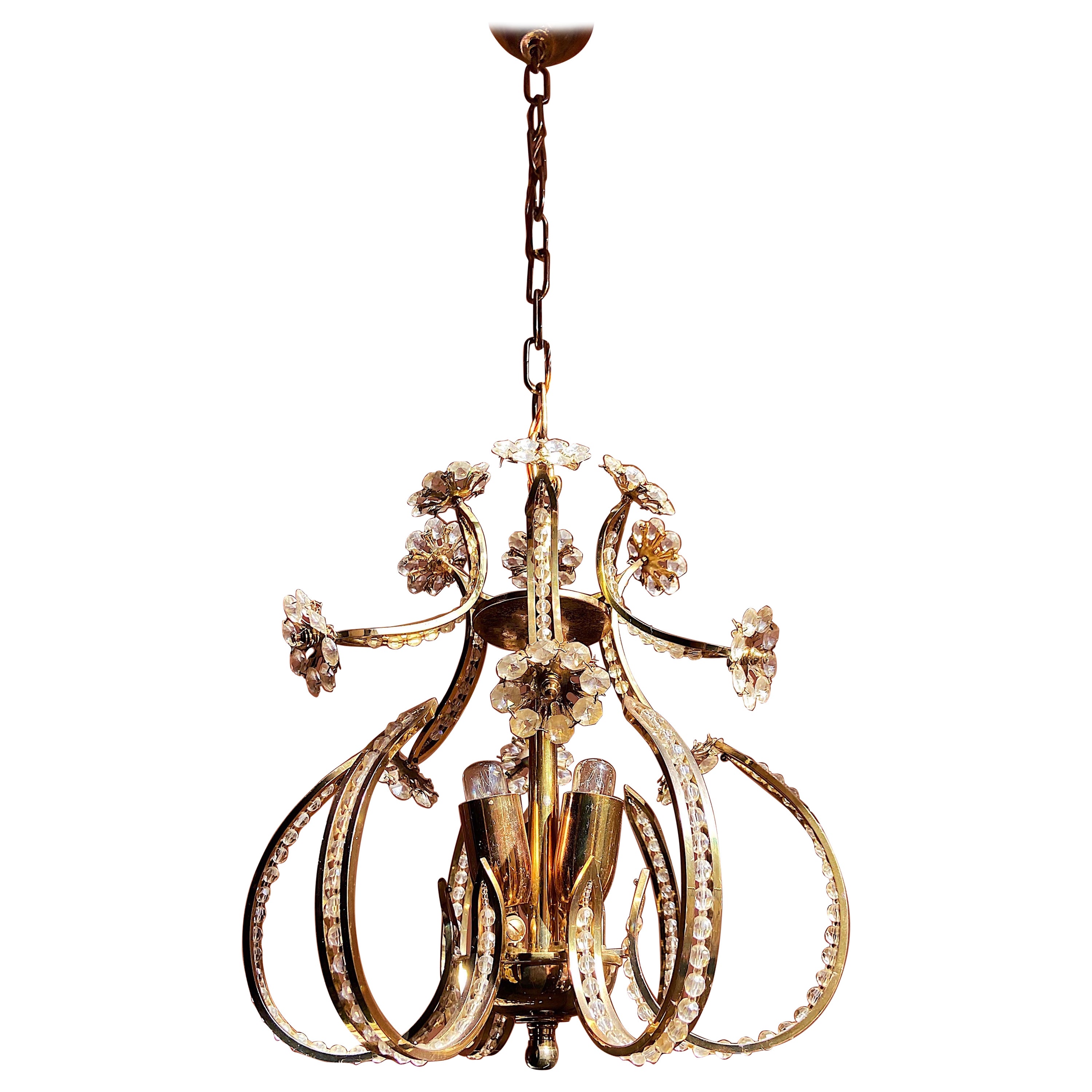 Crystal Glass Gilt Brass Chandelier by Palwa, 1960s For Sale