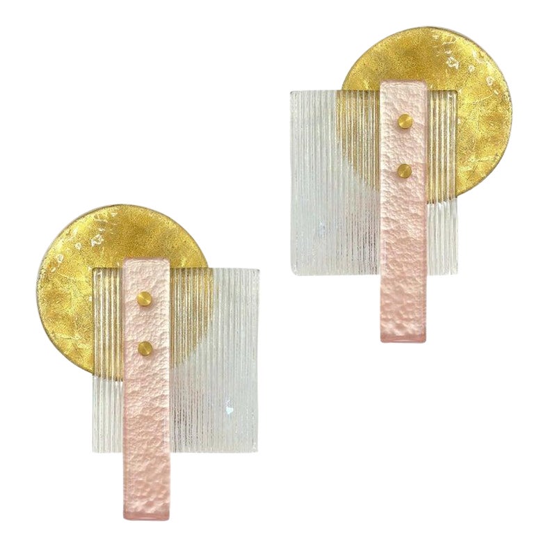 Italian Pair of Art Deco Style Textured Gold Pink & Crystal Murano Glass Sconces For Sale