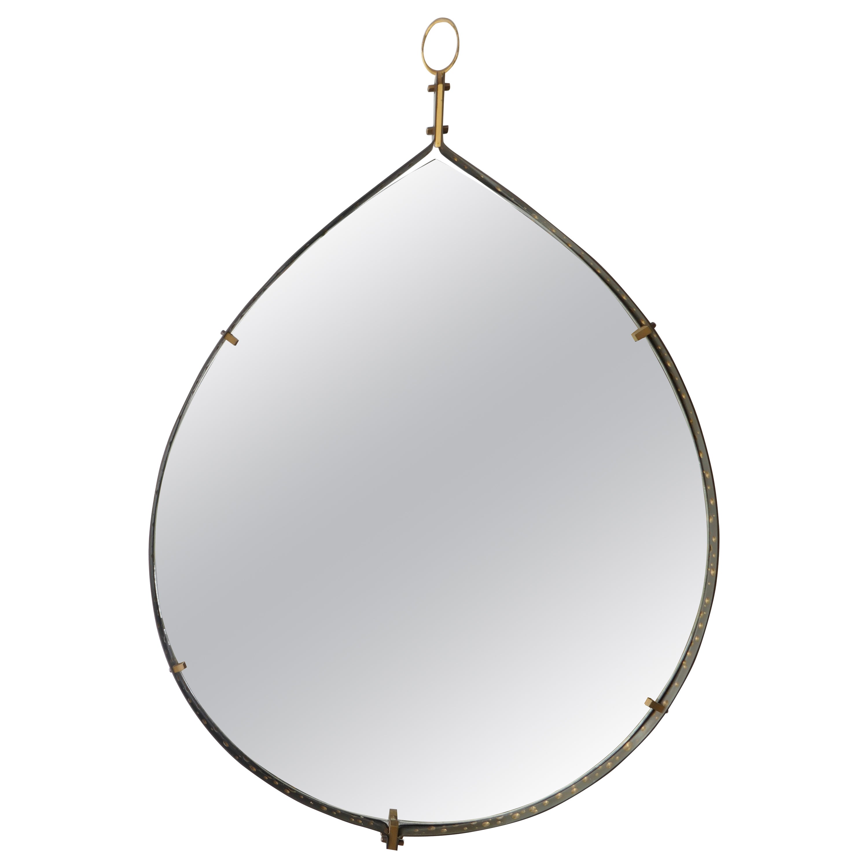 Teardrop-Shaped Mirror with Hammered Iron Frame & Brass Details, Italy, 1960s