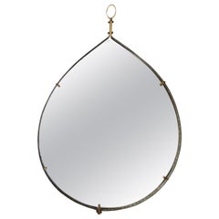 Teardrop-Shaped Mirror with Hammered Iron Frame & Brass Details, Italy, 1960s