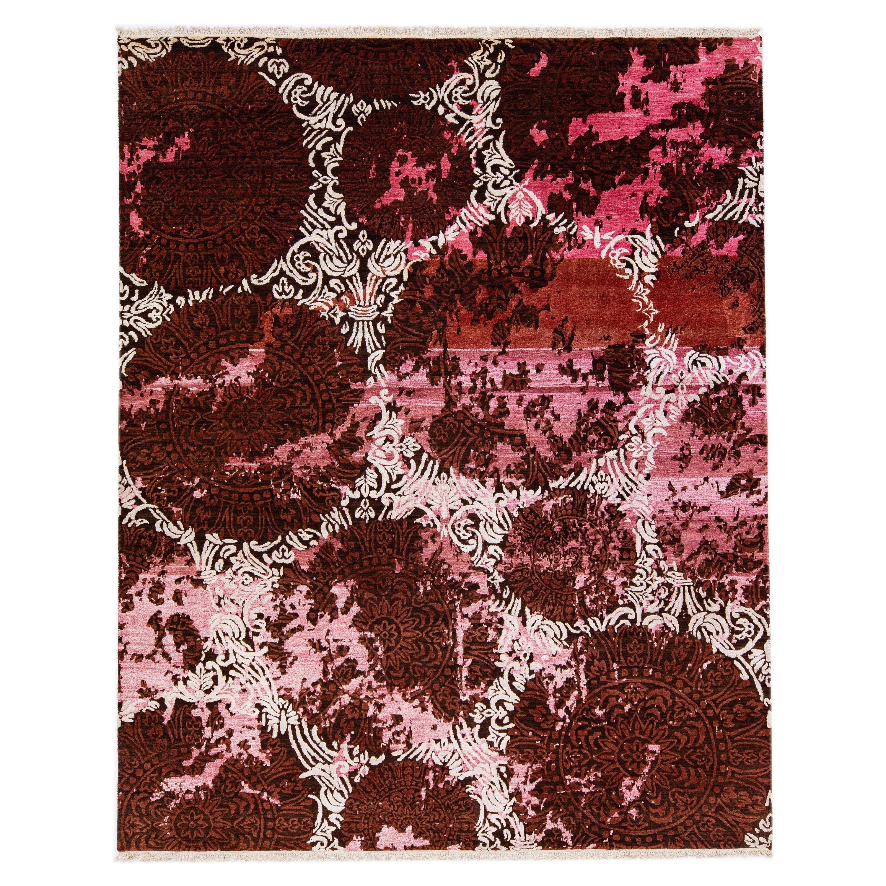 Zeitgenössischer rosa tibetischer Teppich aus Wolle und Seide mit abstraktem Muster 