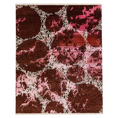 Alfombra contemporánea de lana y seda tibetana rosa con dibujo abstracto