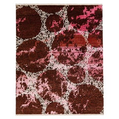 Tapis tibétaine contemporain rose en laine et soie avec motif abstrait 