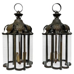 Antique Pair Early 20th Century French Brass and Glass Lanterns