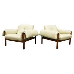 Midcentury Armchairs MP-13 by Percival Lafer in Hardwood & Beige Leather, Brazil