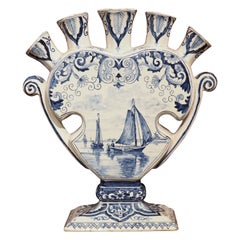 Antique Blue and White Quintal Flower Vase, Delft, Holland, circa 1850