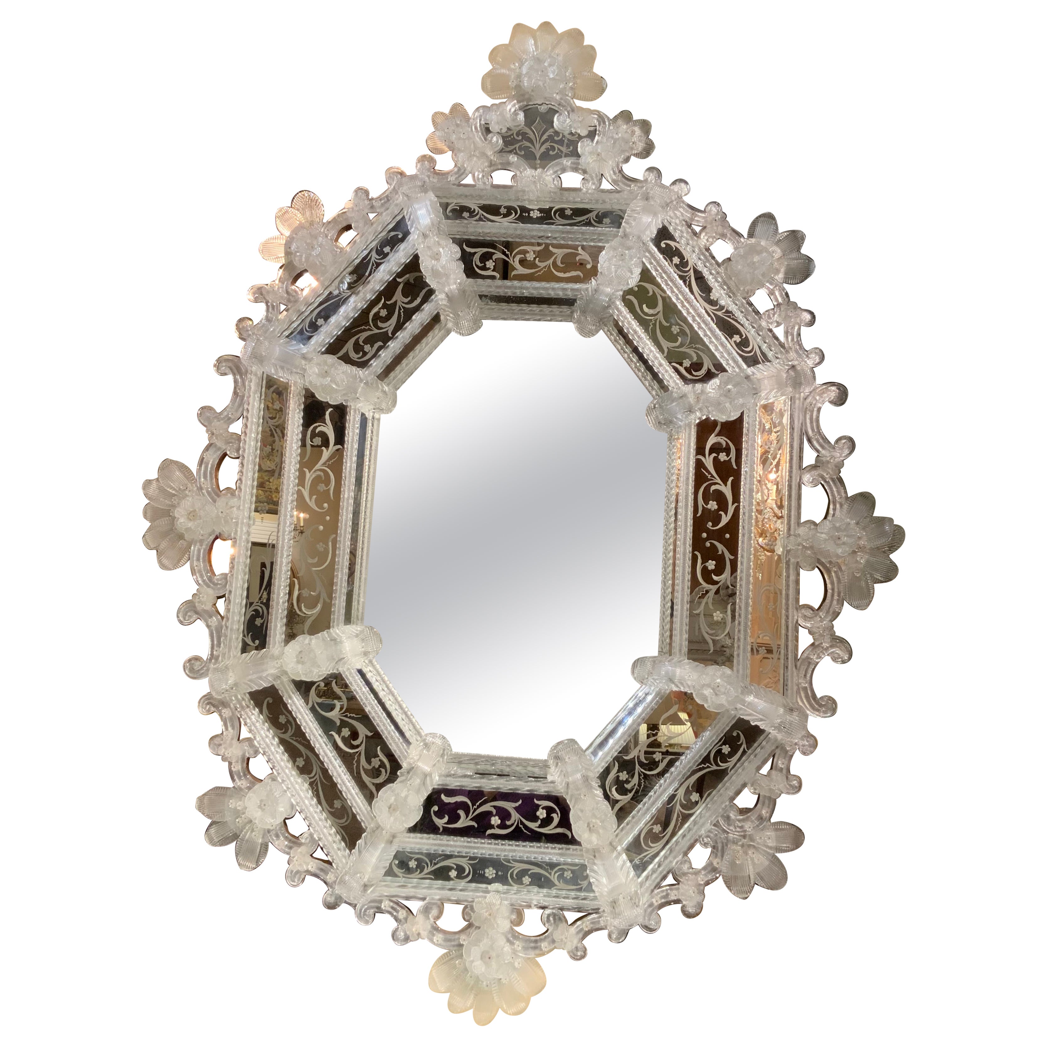 Large Venetian Wall Mirror with Ornate Etchings and Floral Decorations For Sale